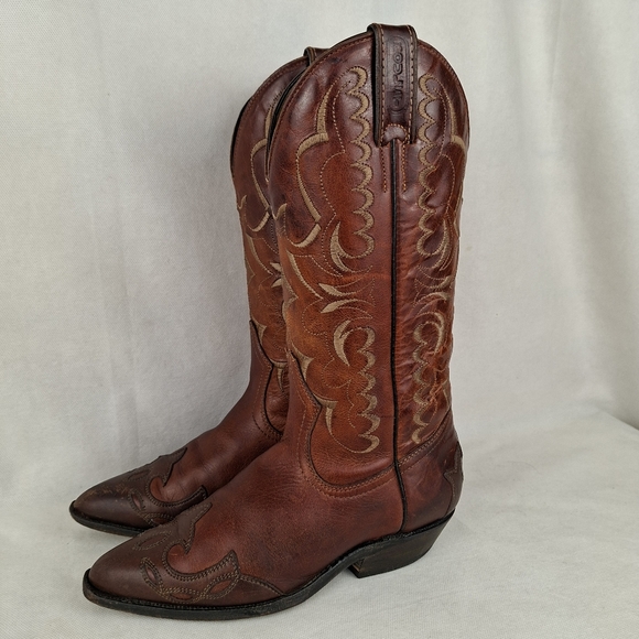 Boulet Embroidered Leather 2 Tones Brown Cowboy Western Boots Size 5 - Picture 2 of 16